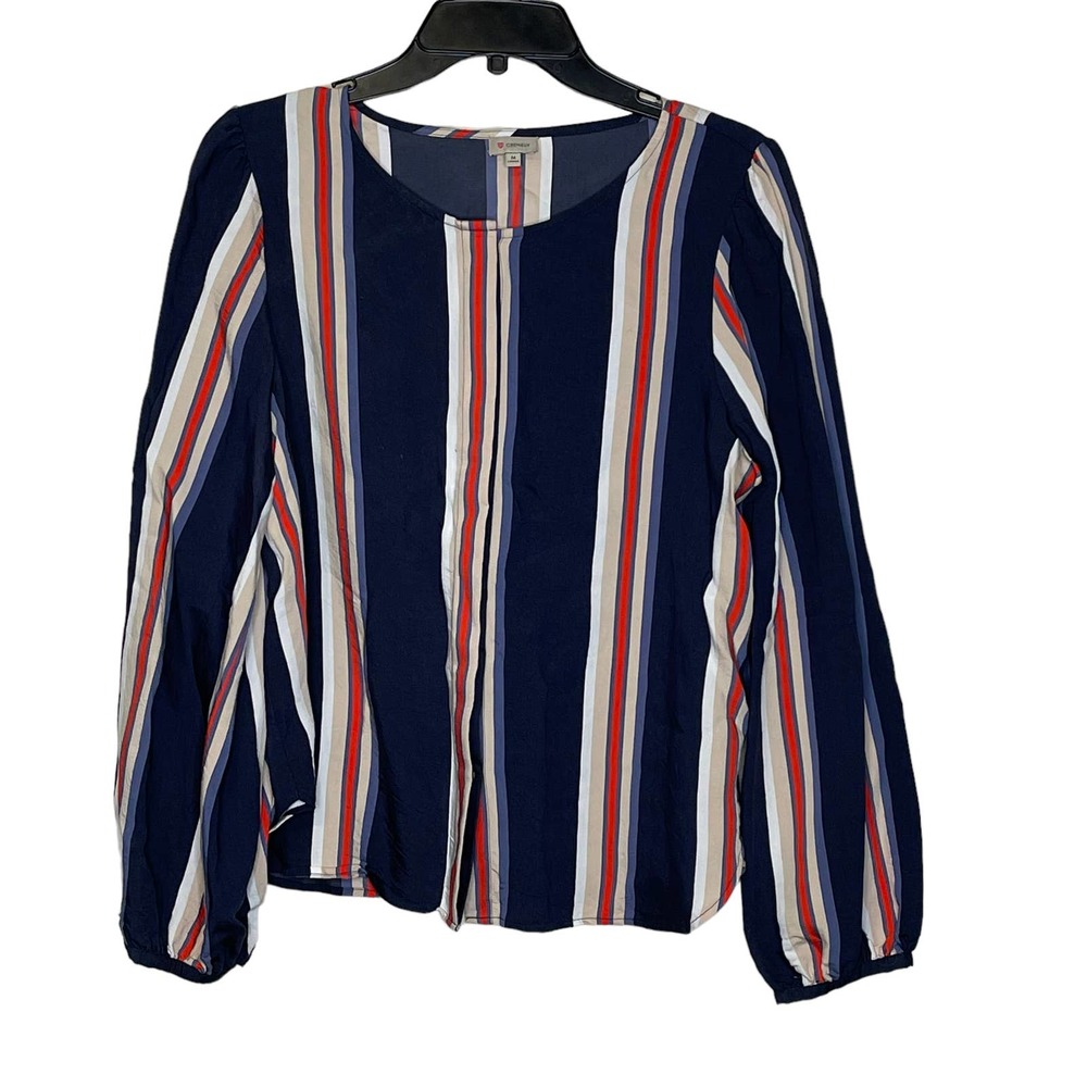 Daniel Cremieux Button Up Blouse Size Medium Navy White Red‎ Tan Striped Womens